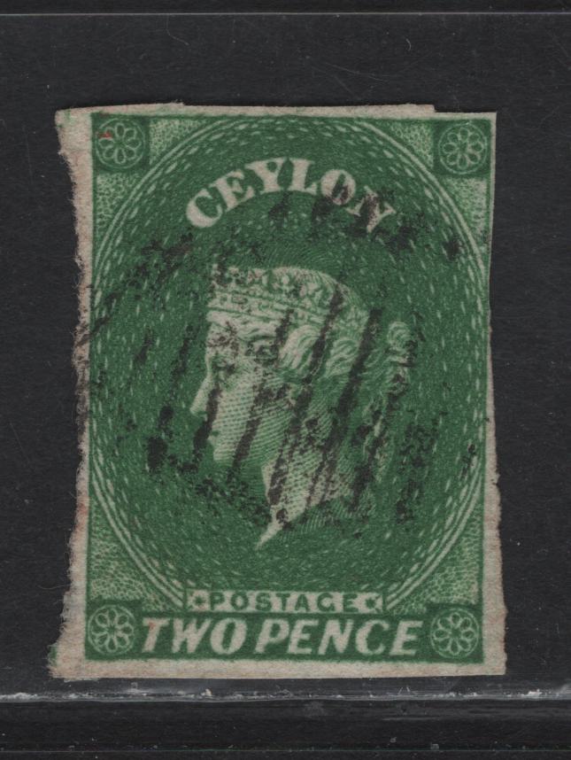 Lot 182 Ceylon (C) SG#3 2d - 1/- Green Queen Victoria, 1857-1859 Imperf Courbould Heads Issue, A Fine Used Single, Large Star Wmk, Full Margins On 3 Sides, Right Margin Is Full To Just Barely Clear At Upper Right.