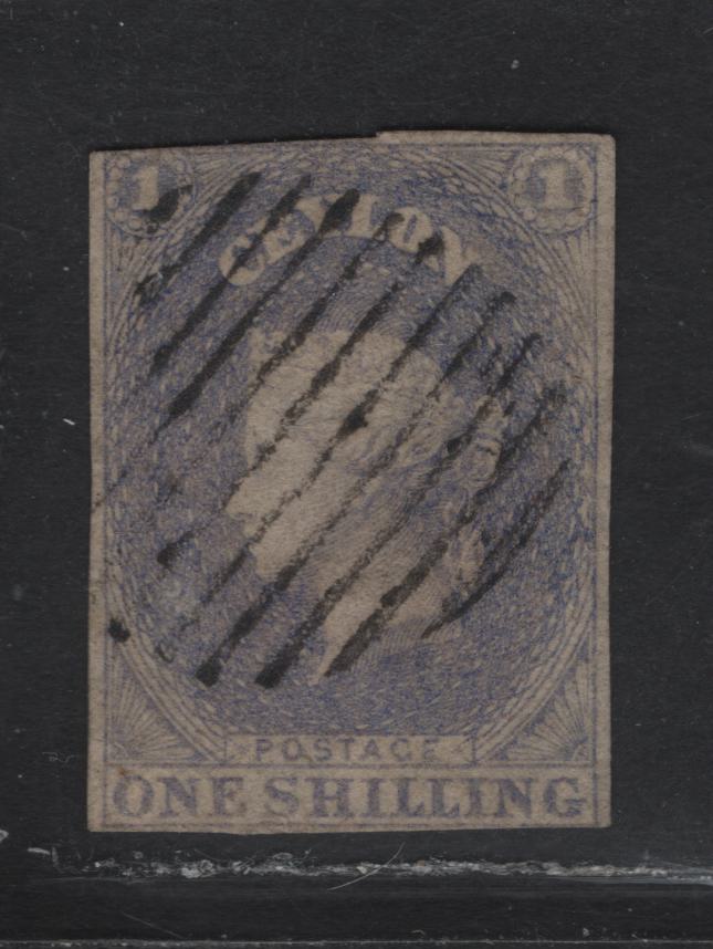 Lot 183 Ceylon (C) SG#10 1/- Slate Violet Queen Victoria, 1857-1859 Imperf Courbould Heads Issue, A Fine Used Single, Large Star Wmk, Full Margins At Left & Right Top & Bottom Margins, Clear To Just Touching.