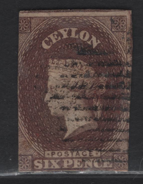 Lot 184 Ceylon (C) SG#6 6d Purple Brown Queen Victoria, 1857-1859 Imperf Courbould Heads Issue, A Very Good Used Single, Large Star Wmk