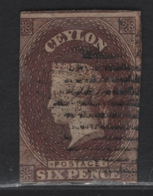 Lot 184 Ceylon (C) SG#6 6d Purple Brown Queen Victoria, 1857-1859 Imperf Courbould Heads Issue, A Very Good Used Single, Large Star Wmk
