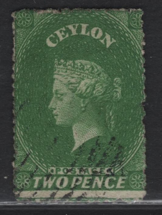 Lot 186 Ceylon (C) SG#20 2d - 1/- Green Queen Victoria, 1861-1864 Courbould Heads Issue, A Fine Used Single, Intermediate Perf 14-15.5, Wmk Large Star