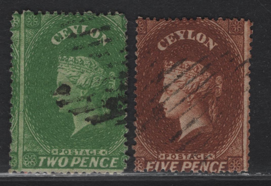 Lot 187 Ceylon (C) SG#55, 70 2d - 5d Yellowish Green - Chestnut Queen Victoria, 1861-1864 Courbould Heads Issue, 2 Very Good/Fine Used Singles, Clean Cut Perf 14-15.5, Large Star Wmk