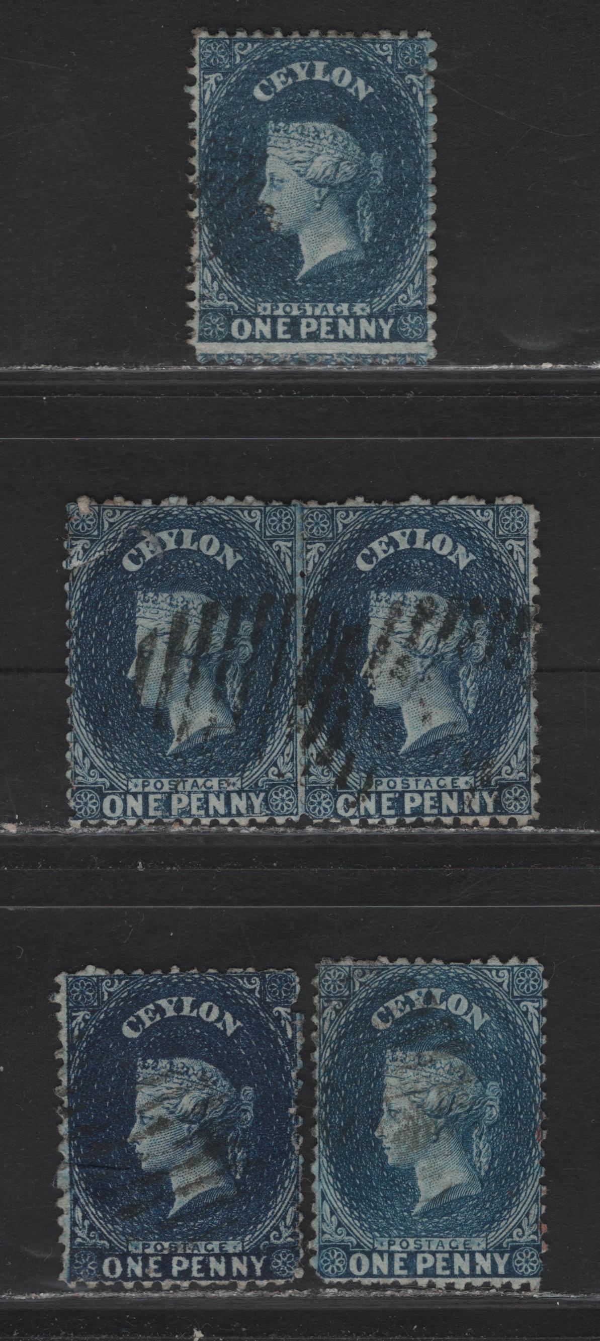 Lot 189 Ceylon (C) SG#39, 49, 63b 1d Dull Blue - Deep Blue Queen Victoria, 1862-1870 Courbould Heads Issue, 4 Fine/Very Fine Used Singles & Pair, De La Rue Printing, Perf 12 & 12.5, No Watermark, Crown CC Wmk.
