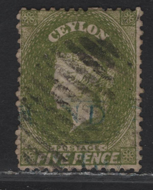 Lot 192 Ceylon (C) SG#66b 5d Olive Green Queen Victoria, 1867-1870 Courbould Heads Issue, A Fine Used Single, De La Rue Printing, 21.5mm Crown CC Wmk, Perf 12.5.