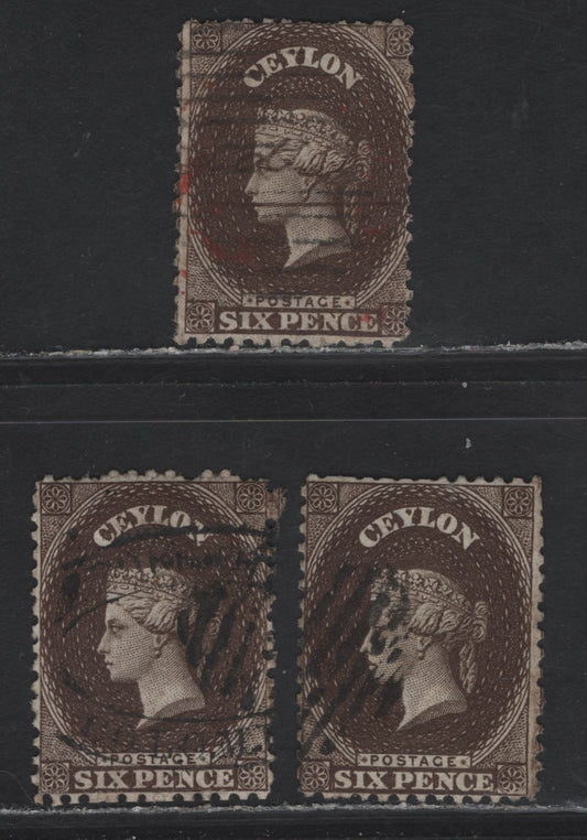 Lot 193 Ceylon (C) SG#41a, 55 6d Deep Brown & Sepia Queen Victoria, 1862-1866 Courbould Heads Issue, 3 Fine/Very Fine Used Singles, Unwatermarked and 23mm Crown CC Wmks, Perfs 13 & 12.5, Two Slightly Different Shades.