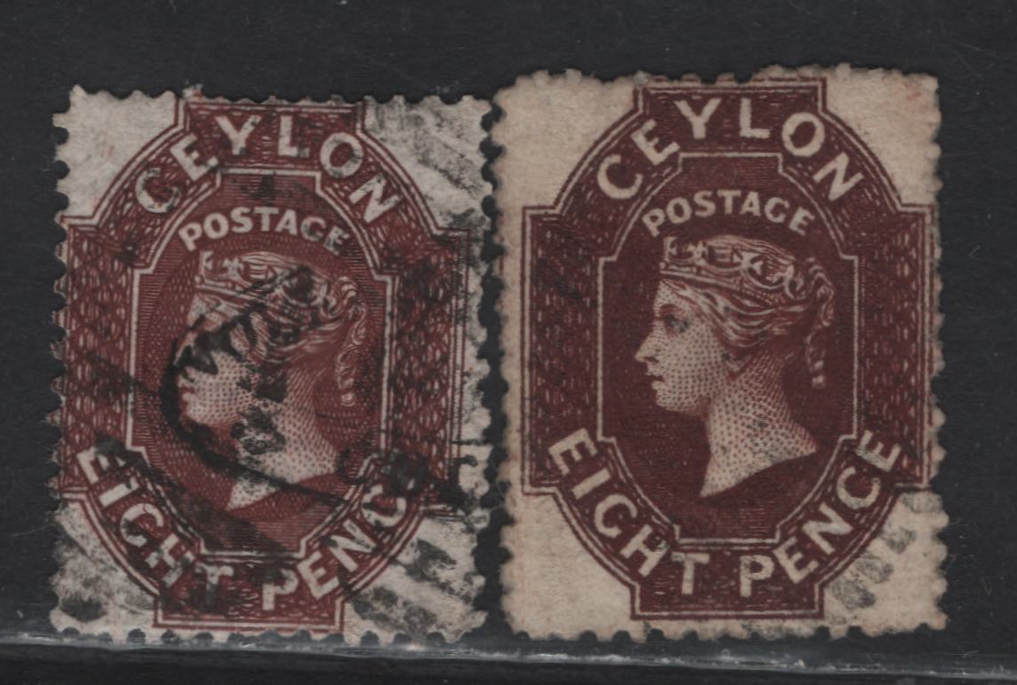 Lot 194 Ceylon (C) SG#56, 68b 8d Reddish Brown - Lake Brown Queen Victoria, 1863-1870 Courbould Heads Issue, 2 Fine/Very Fine Used Singles, Perf 12.5, 23mm & 21.5mm Crown CC Wmks, De La Rue Printings.