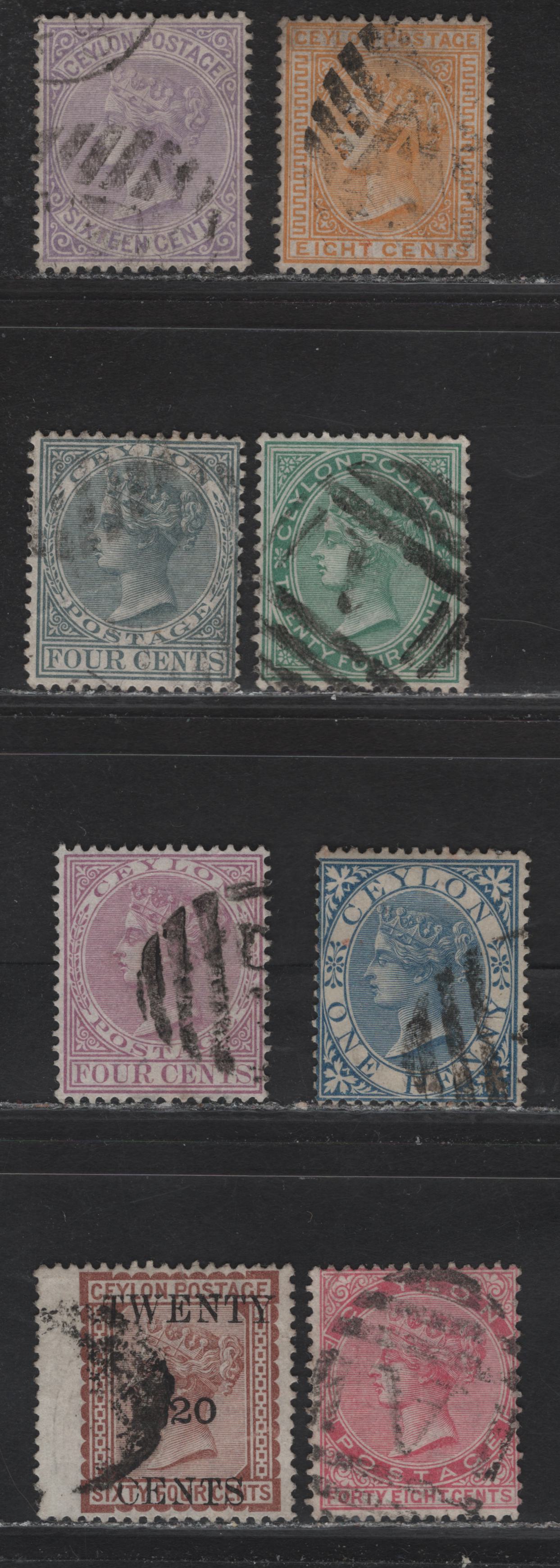 Lot 197 Ceylon (C) SG#61, 122-134, 126-127, 130, 143 1d - 24c Blue - Green Queen Victoria, 1872-1882 Queen Victoria Keyplates Issue, 8 Fine/Very Fine Used Singles, Crown CC Wmks