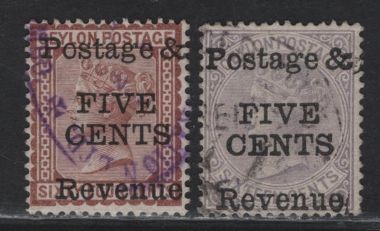 Lot 203 Ceylon (C) SG#158, 180 5c on 6c - 5c on 16c Red Brown - Pale Violet Queen Victoria, 1885 Surcharges, 2 Fine/Very Fine Used Singles, Crown CC & CA Wmks