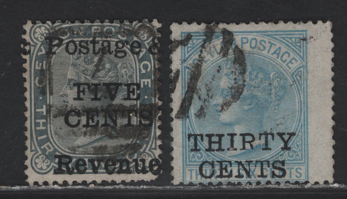 Lot 205 Ceylon (C) SG#155, 169 5c on 32c - 30c on 36c Slate - Light Blue Queen Victoria, 1885 Surcharges, 2 Very Good Used Singles, Crown CC Wmks
