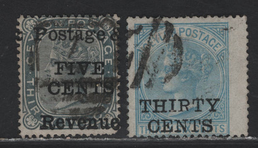 Lot 205 Ceylon (C) SG#155, 169 5c on 32c - 30c on 36c Slate - Light Blue Queen Victoria, 1885 Surcharges, 2 Very Good Used Singles, Crown CC Wmks