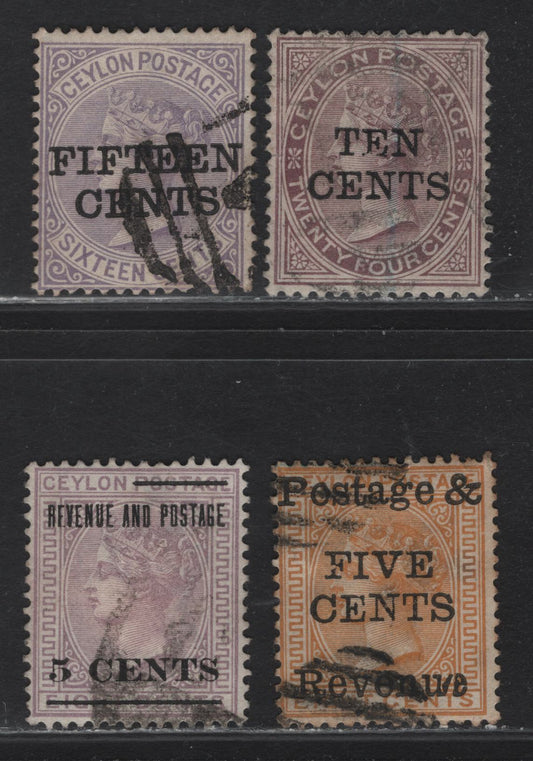 Lot 208 Ceylon (C) SG#179, 185-187 5c on 8c - 15c on 16c Orange Yellow - Pale Violet Queen Victoria, 1885 Surcharges, 4 Fine/Very Fine Used Singles, Crown CA Wmk