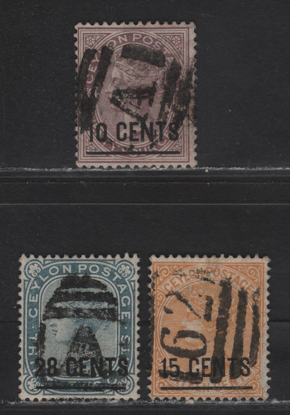Lot 209 Ceylon (C) SG#188-190 10c on 24c - 28c - 32c Brown - Slate Queen Victoria, 1885 Surcharges, 3 Fine/Very Fine Used Singles Crown CA Wmk, ,