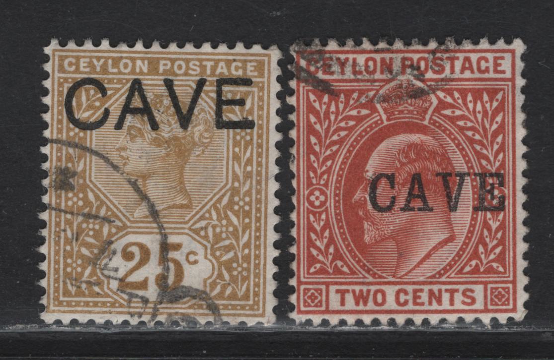 Lot 213 Ceylon (C) SG#198, 265 25c - 2c Yellow Brown - Terracotta Queen Victoria - King Edward VII, 1886-1905 Queen Victoria - King Edward VII Keyplate Issues, 2 Very Fine Used Singles, Crown CA Wmk, Cave Overprints