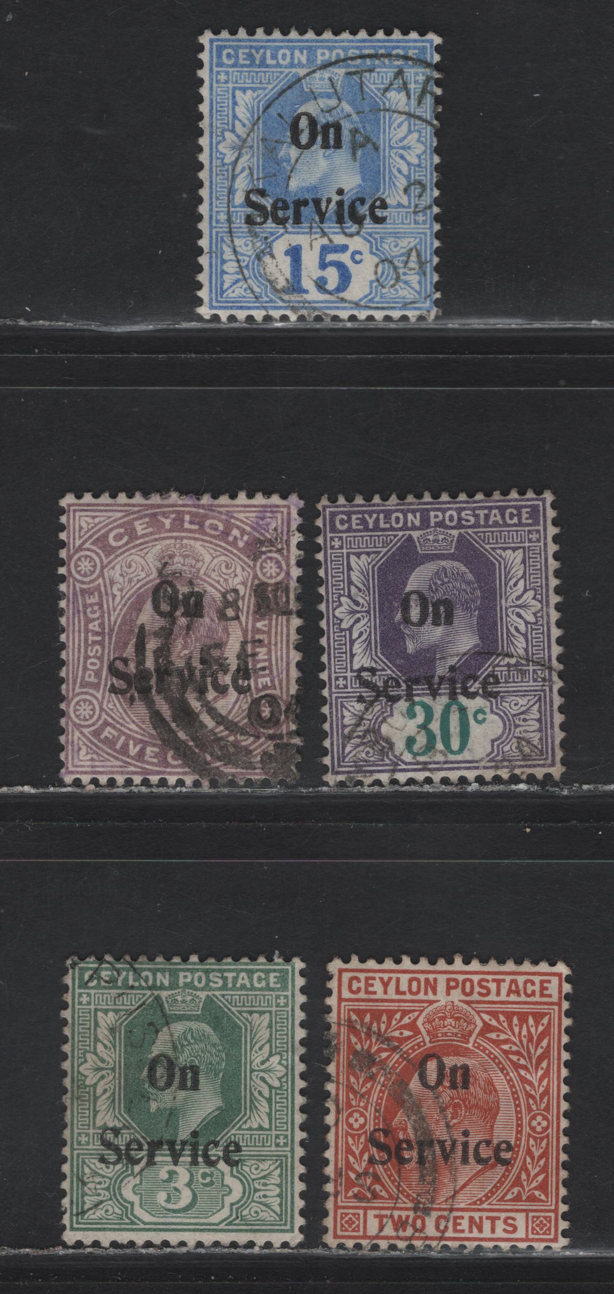 Lot 223 Ceylon (C) SG#O22-O25, O27 2c - 30c Red Brown - Violet & Green King Edward VII, 1903-1904 King Edward VII Service Overprinted Issue, 5 Fine/Very Fine Used Singles