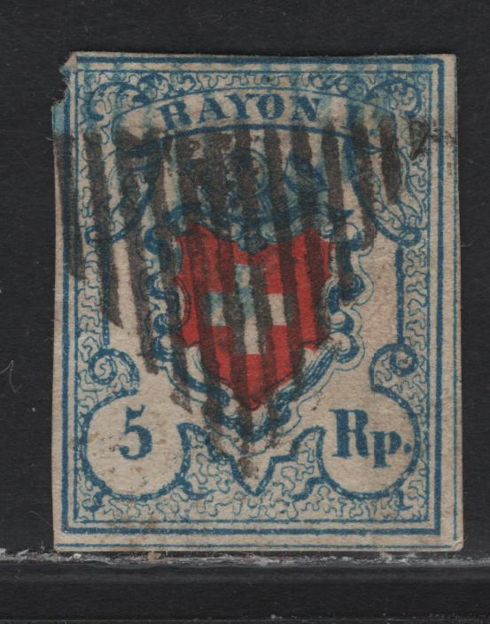 Lot 225 Switzerland SC#10 5r Light Blue& Red Rayon District, 1850 Rayon District Issue, A Good Used Single, Margin At Top Just Barely Clear And Nick At Top Left Just Touches The Frameline, , But There Is A Thin.