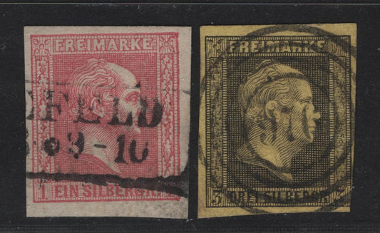 Lot 3 Germany - Prussia SC#5, 11 3sg - 1sg Black on Yellow - Rose King Frederick William IV, 1850-1860 King Frederick William IV Issue, 2 Fine/Very Fine Used Singles