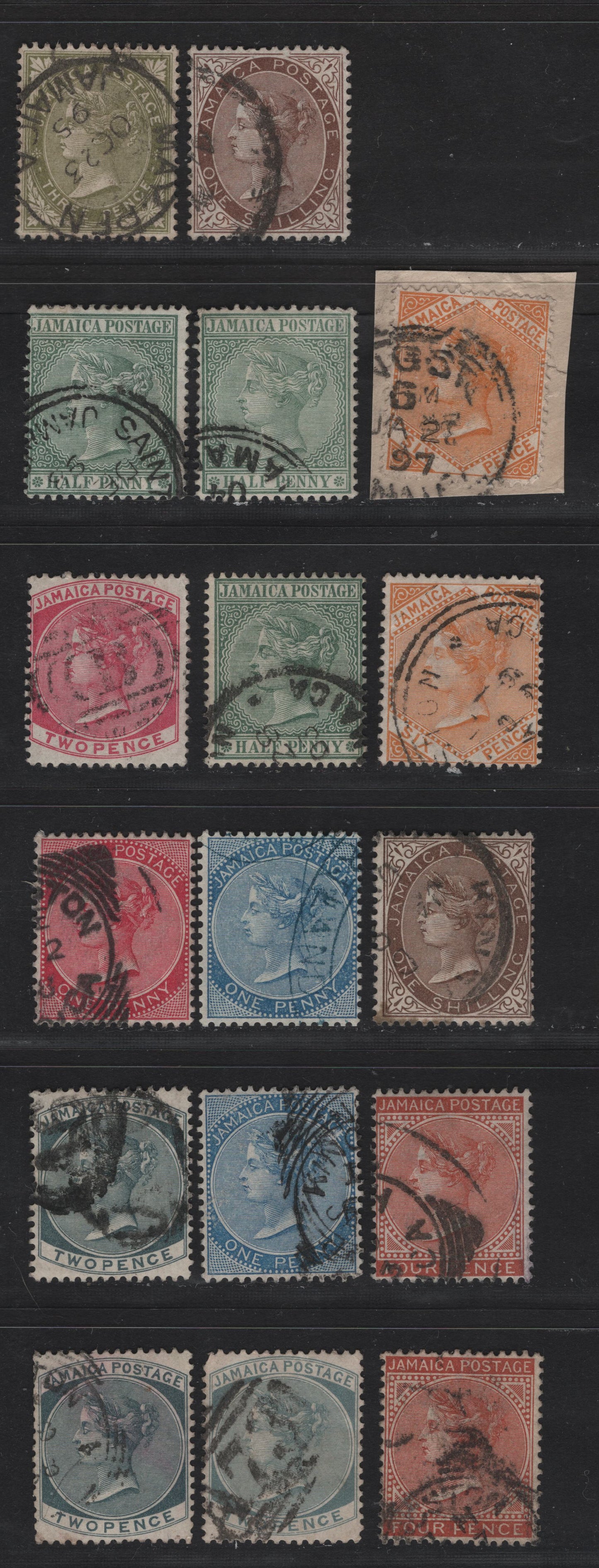 Lot 38 Jamaica (C) SG#16a, 17-20a, 21, 22b, 23a, 24, 24b 1/2d - 1/- Green - Chocolate Queen Victoria, 1883-1897 Queen Victoria Keyplates Issue, 16 Fine/Very Fine Used Singles, Crown CA Wmks, Additional Shades & Shade Duplicates
