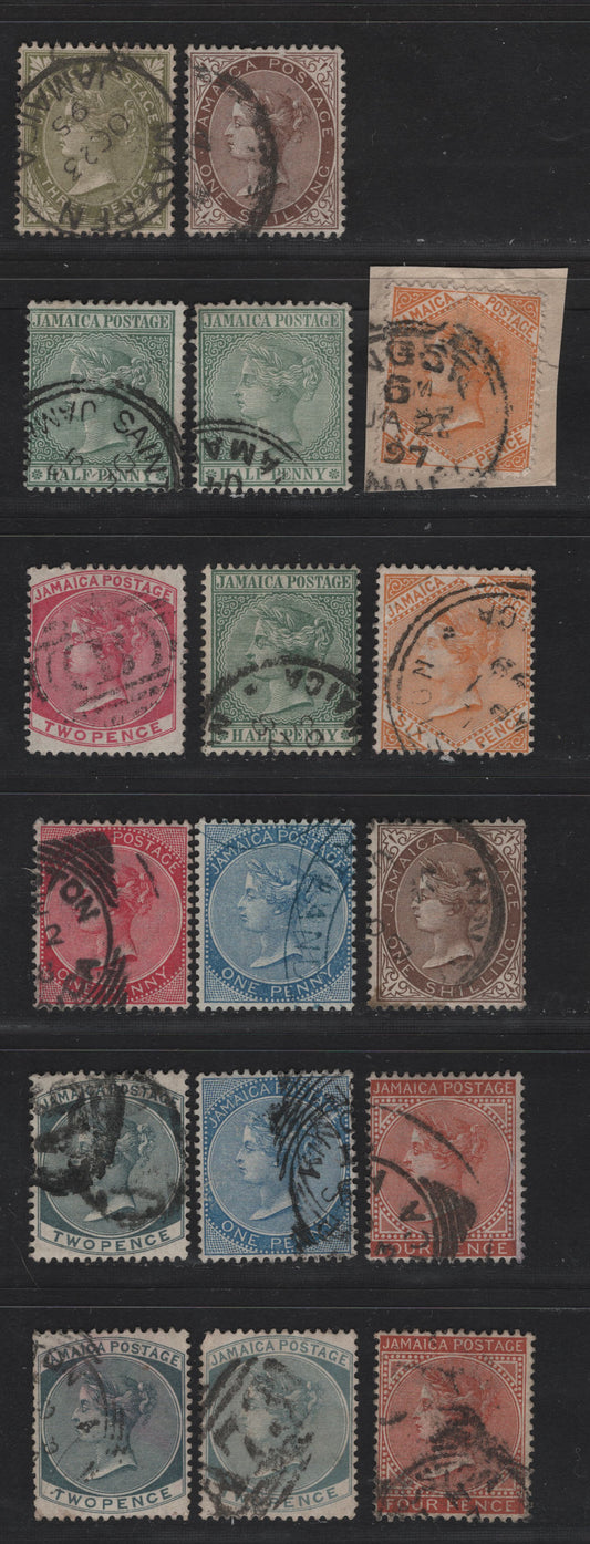 Lot 38 Jamaica (C) SG#16a, 17-20a, 21, 22b, 23a, 24, 24b 1/2d - 1/- Green - Chocolate Queen Victoria, 1883-1897 Queen Victoria Keyplates Issue, 16 Fine/Very Fine Used Singles, Crown CA Wmks, Additional Shades & Shade Duplicates
