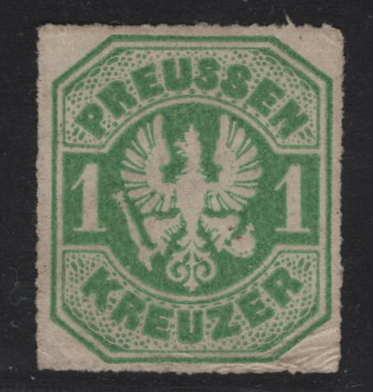 Lot 4 Germany - Prussia SC#23 1kr Green Arms, 1867 Rouletted Embossed Arms Issue, A Fine Unused Single, Small Wrinkles At Lower Corners