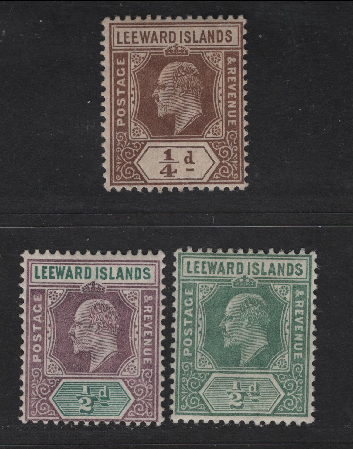 Lot 46 Leeward Islands (C) SG#20, 36-37 1/4d - 1/2d Brown - Dull Purple & Green King Edward VII, 1902-1911 King Edward VII Imperium Keyplates Issue, 3 F/VFOG Singles, Crown CA & Multiple Crown CA Wmks