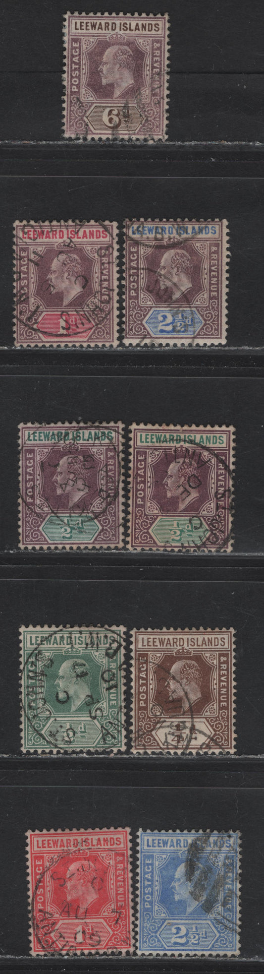 Lot 47 Leeward Islands (C) SG#21, 23, 25, 29-a, 36, 37, 38a, 40 1d - 2.5d Dull Purple & Carmine - Bright Blue King Edward VII, 1902-1911 King Edward VII Imperium Keyplates Issue, 9 Fine/Very Fine Used Singles, Crown CA & Multiple Crown CA Wmks