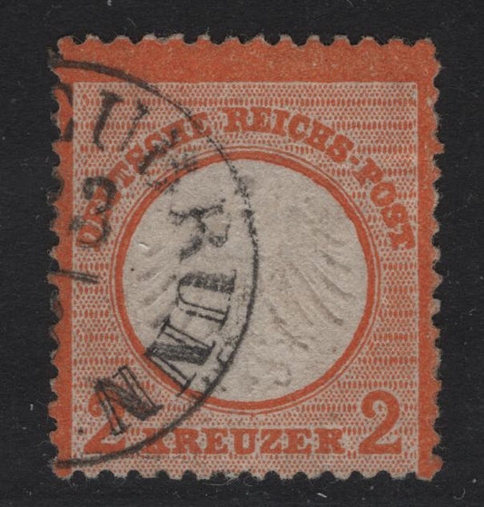 Lot 5 Germany SC#8 2kr Orange Eagle With Shield, 1872 Embossed Eagle With Small Shield Issue, A Very Good Used Single, 2019 Sismondo Certificate Which States The Cancel Is Genuine But Enhanced
