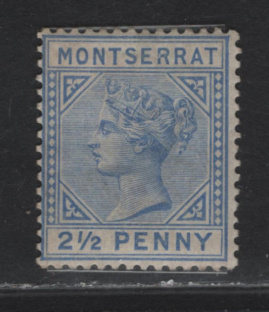 Lot 52 Montserrat (C) SG#10 2.5d on 4d Ultramarine Queen Victoria, 1884-1885 Queen Victoria Keyplate Issue, A FOG Single, Crown CA Wmk