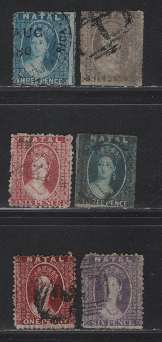 Lot 53 Natal SG#11-13, 18, 23 1d - 6d Lake - Rose Queen Victoria, 1861-1865 Chalon Heads Issue, 6 Poor - Very Fine Used Singles, Crown CA & Unwatermarked, Perfs 13, Rough 14-16, Intermediate 14-16 & 12.5