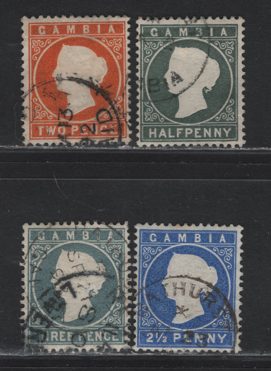 Lot 59 Gambia (C) SG#22, 25-26, 28 1/2d - 3d Gray-Green - Slate Gray Queen Victoria, 1886-1893 Queen Victoria Embossed Cameo Issue, 4 Fine/Very Fine Used Singles