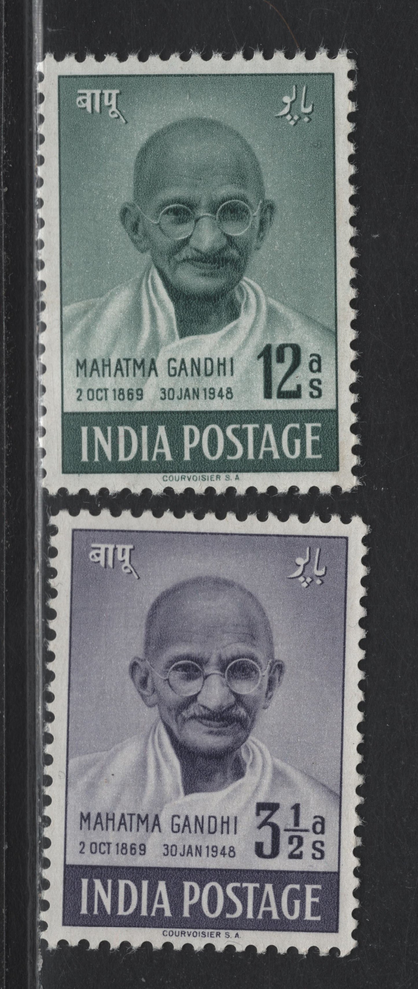 Lot 62 India (C) SG#306-307 3.5a - 12a Violet - Gray Mahatma Gandhi, 1948 First Anniv of Independence Issue, 2 Very Fine Unused Singles