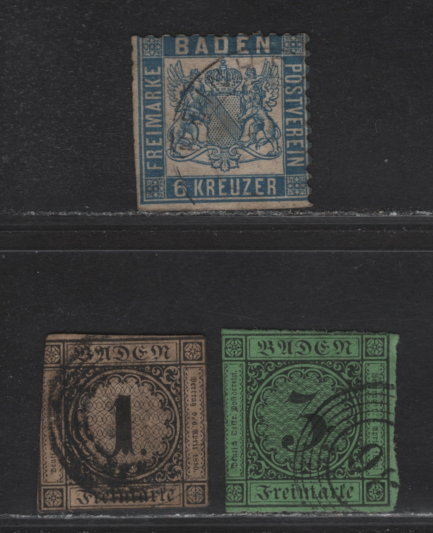 Lot 66 Germany - Baden (C) SC#1, 7, 22a 1kr - 6kr Black On Buff - Prussian Blue Numeral - Arms, 1851-1865 Numeral - Arms Issue, 3 Ungraded Used Singles, Perf 10, Trimmed Perfs Or Cut In Margins
