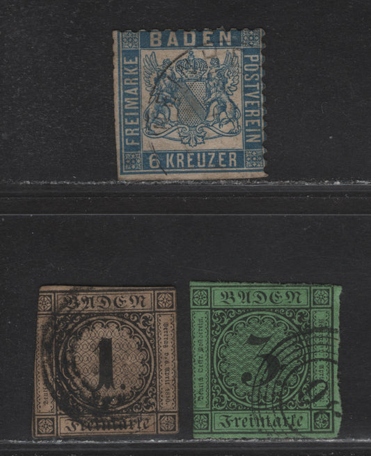 Lot 66 Germany - Baden (C) SC#1, 7, 22a 1kr - 6kr Black On Buff - Prussian Blue Numeral - Arms, 1851-1865 Numeral - Arms Issue, 3 Ungraded Used Singles, Perf 10, Trimmed Perfs Or Cut In Margins