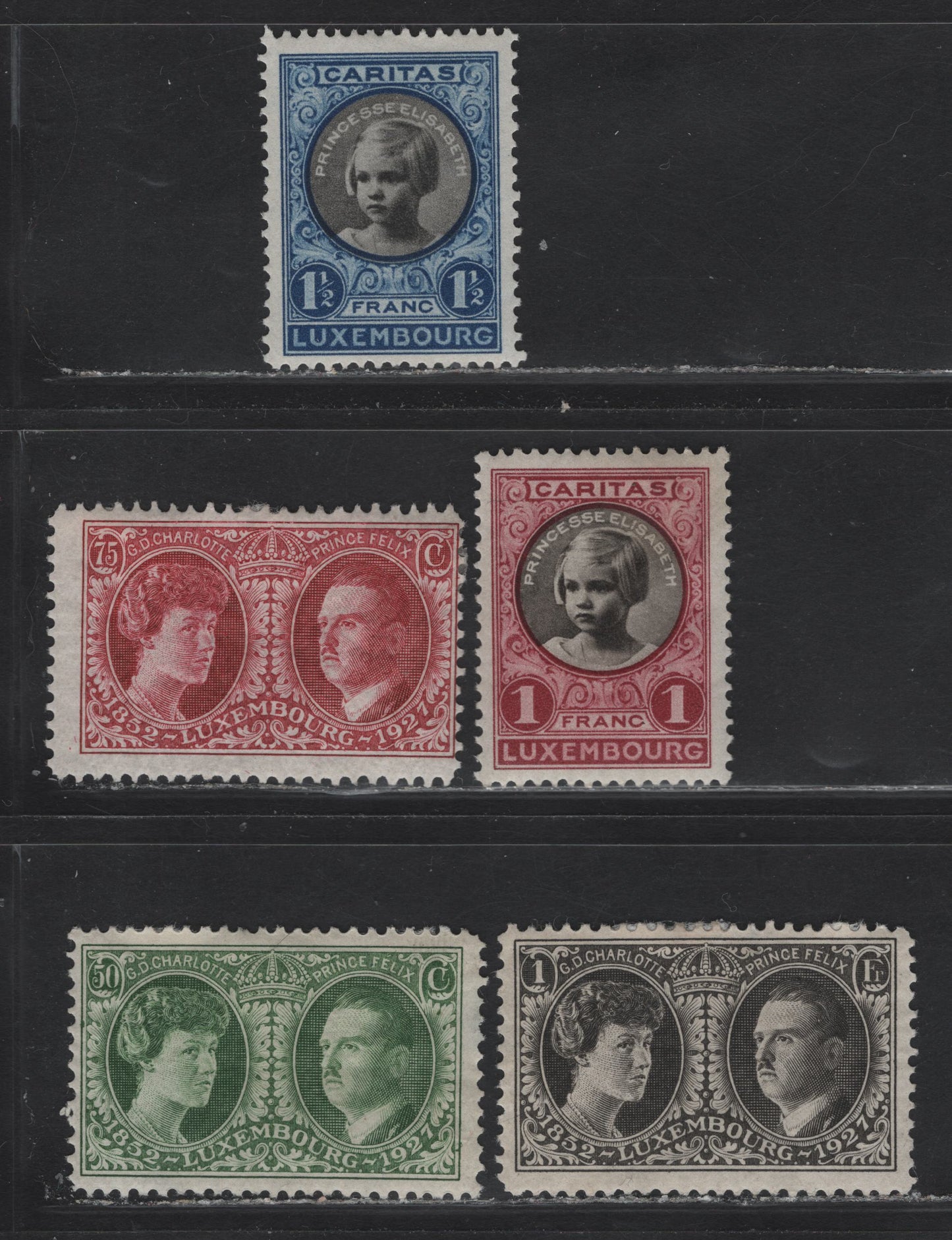 Lot 74 Luxembourg (C) SC#B21-B23, B28-B29 50c - 1.5fr+50c Green - Ultramarine & Black Princess Elizabeth - Charlotte & Prince Felix, 1927 Semi Postal Issues, 5 F/VFOG Singles