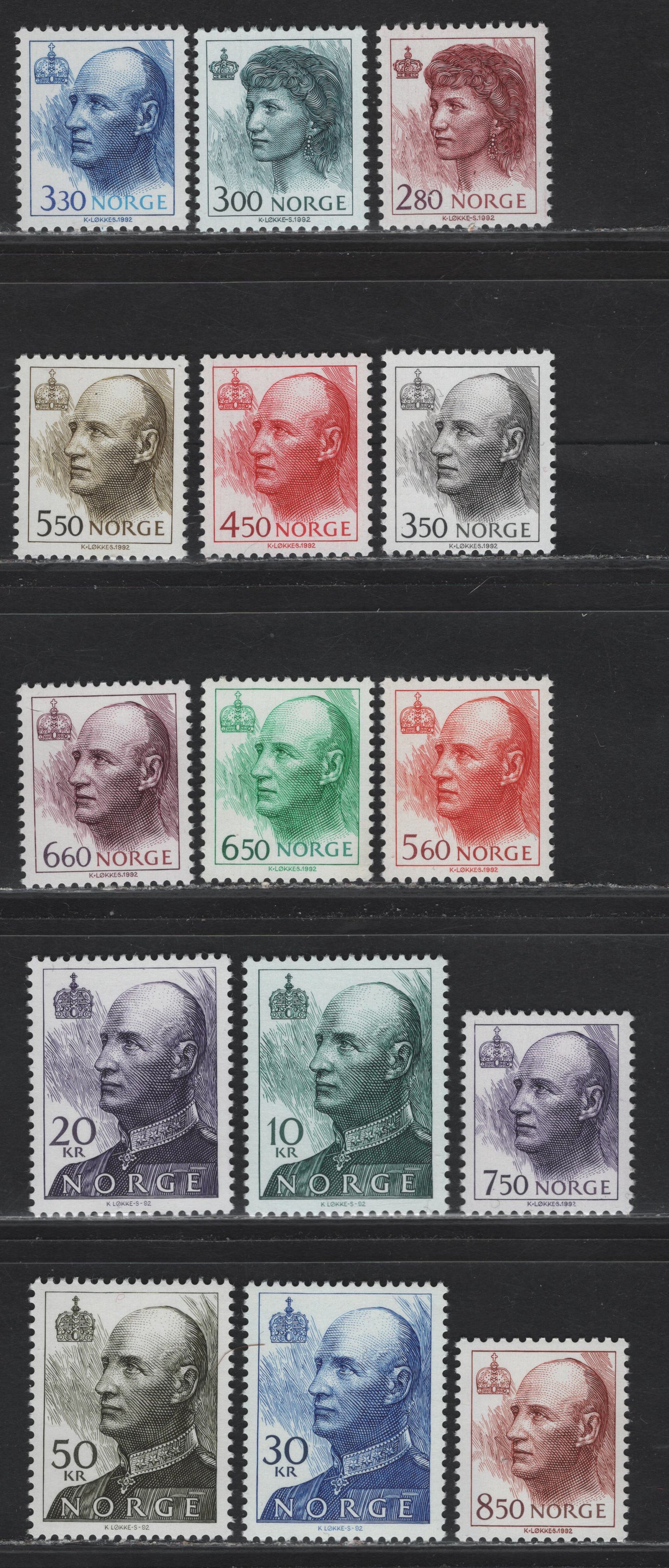 Lot 75 Norway (C) SC#1004-1020 2.8k - 50k Claret Brown - Olive Black Queen Sonja - King Harold, 1992-2002 Queen Sonja - King Harold Definitive Issue, 15 VFNH Singles