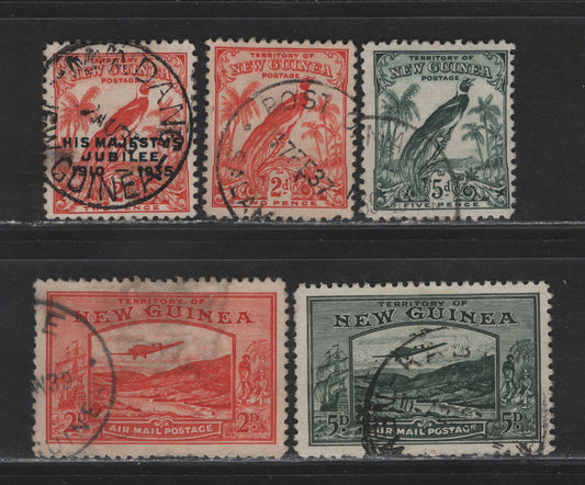 Lot 78 New Guinea (C) SG#179, 182, 207, 215, 218 2d - 5d Vermillion - Deep Green Bird of Paradise - Bulolo Goldfields, 1932-1939 Bird of Paradise - Bulolo Goldfields Issues, 5 Fine/Very Fine Used Singles