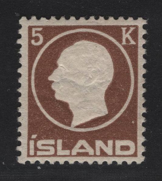 Lot 8 Iceland SC#98 5k Brown Frederik VIII, 1912 Embossed Frederik VIII Issue, A VFOG Single