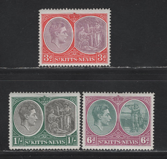 Lot 84 St Kitts & Nevis (C) SG#73c, 74c, 75b 3d - 1/- Reddish Lilac 7 Scarlet - Black & Green King George VI & Columbus/Medicinal Spring, 1938-1950 KGVI & Columbus / Medicinal Spring Definitive Issues, 3 VFOG Singles, Ordinary Paper, Perf 14
