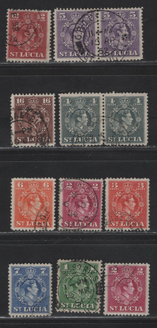 Lot 89 St Lucia (C) SG#146, 147-a, 148, 154 1c - 12c Green - Claret King George V, 1949-1950 KGVI Portraits Issue, 10 Fine/Very Fine Used Singles & Pair, Perf 14.5x14
