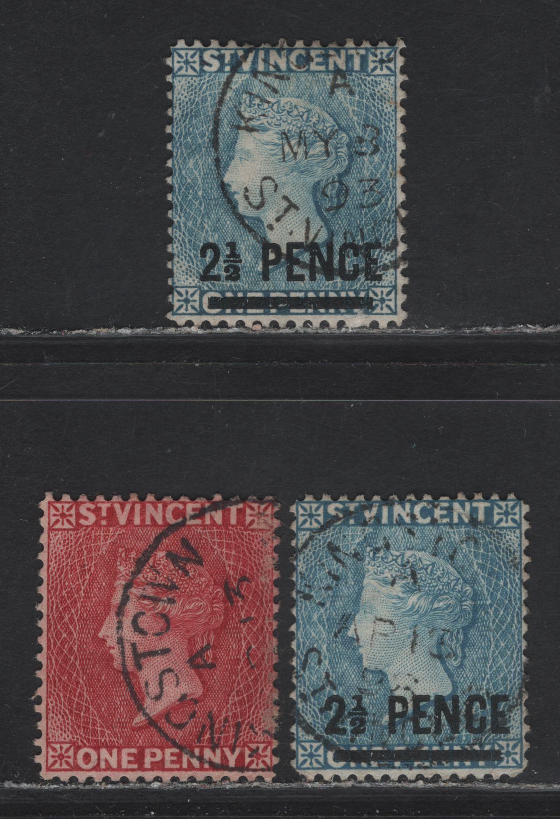 Lot 90 St Vincent (C) SG#48c, 55, 55a 1d - 2.5d on 1d Carmine Red - Blue Queen Victoria, 1889-1893 Queen Victoria Engraved Issue, 3 Fine/Very Fine Used Singles, Crown CA Wmk