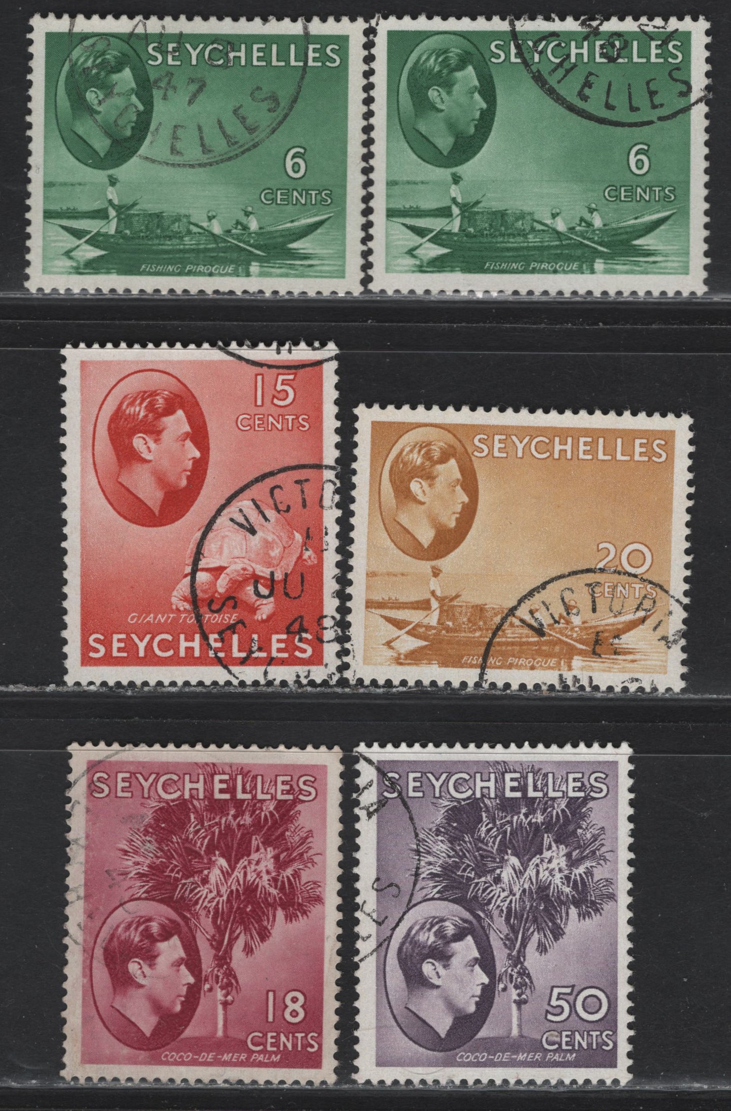 Lot 91 Seychelles (C) SG#137b, 139ab, 139ca, 140b, 144a 6c - 50c Green - Deep Reddish Violet King George VI, 1938-1949 KGVI Photogravure Pictorial Issue, 6 Very Fine Used Singles, Ordinary Paper