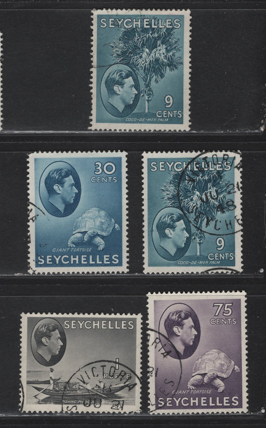Lot 92 Seychelles (C) SG#138a, 142a, 146a, 145a 9c - 1r Gray Blue - Gray Black King George VI, 1938-1949 KGVI Photogravure Pictorial Issue, 5 Fine/Very Fine Used Singles, Chalky Paper