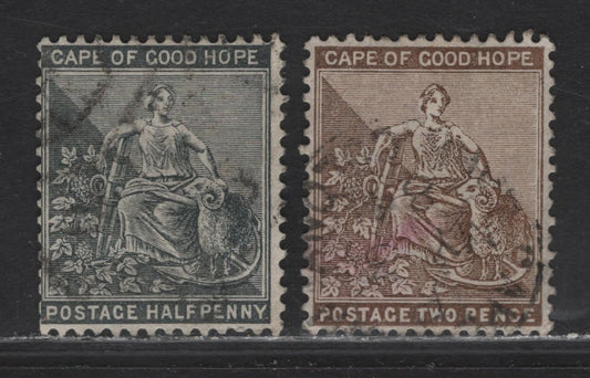 Lot 95 Cape of Good Hope (C) SG#40a, 42a 1/2d - 2d Gray Black - Deep Bistre Seated Hope, 1882-1883 Seated Hope Issue, 2 Fine/Very Fine Used Singles, Crown CA Wmk