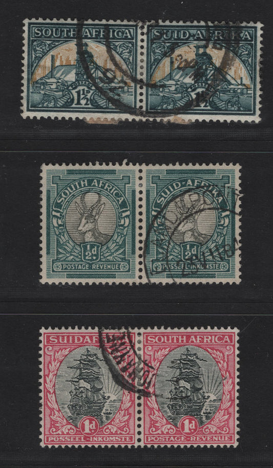 Lot 97 South Africa (C) SG#43d, 54, 87 1/2 - 1.5d Gray & Green - Blue Green & Gold Pictorials, 1930-1948 Photogarvure Pictorial Issue, 3 Fine/Very Fine Used Pairs, The1.5d Has A Light Internal Crease, Type II