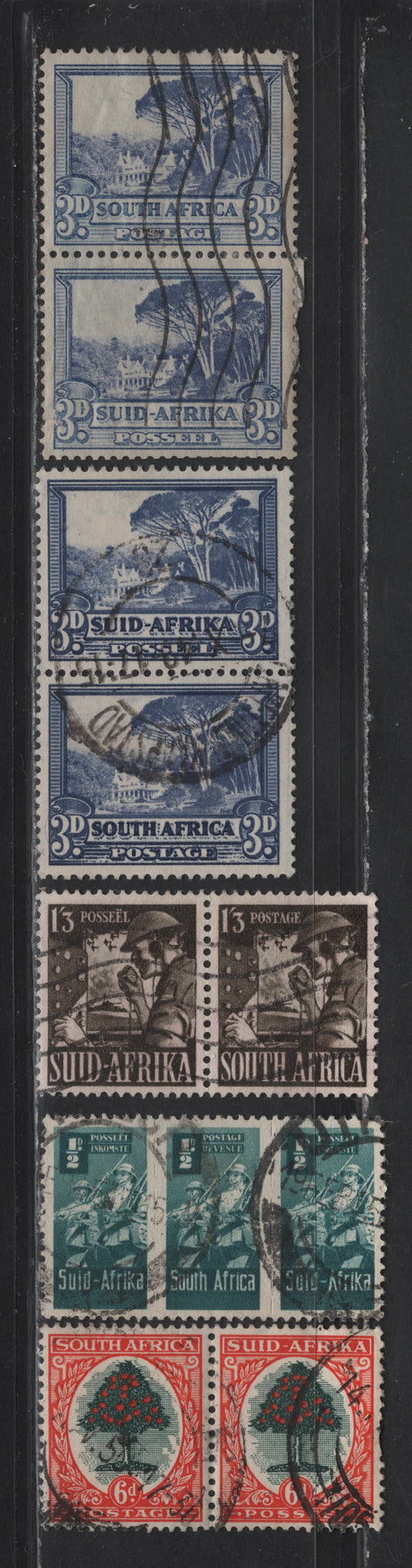 Lot 98 South Africa (C) SG#59, 61d, 94, 97 3d - 1/2d Ultramarine - Blue Green Pictorials, 1933-1948 Photogarvure Pictorial - War Effort Issues, 5 Very Fine Used Pairs & Strip Of 3, Hyphen Between Suid & Afrika, Two Shades Of 3d