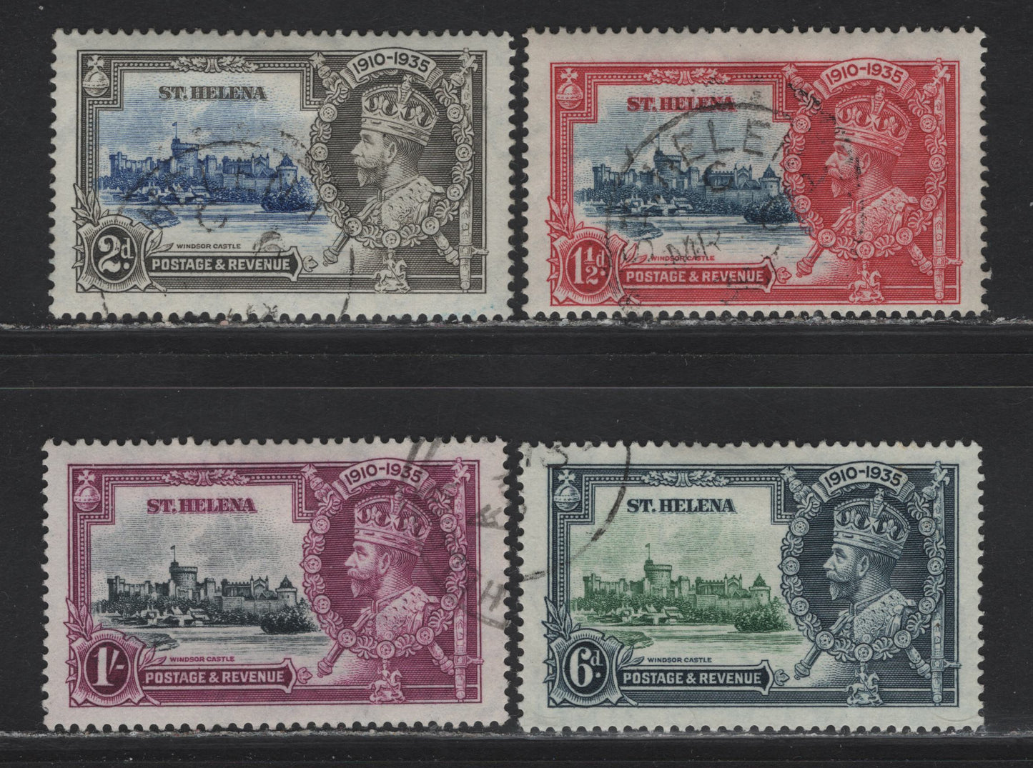 Lot 100 St Helena (C) SG#124-127 1.5d - 1/- Seep Blue & Carmine - Slate & Purple KGVI & Windsor Castle, 1935 Silver Jubilee Issue, 4 Fine/Very Fine Used Singles