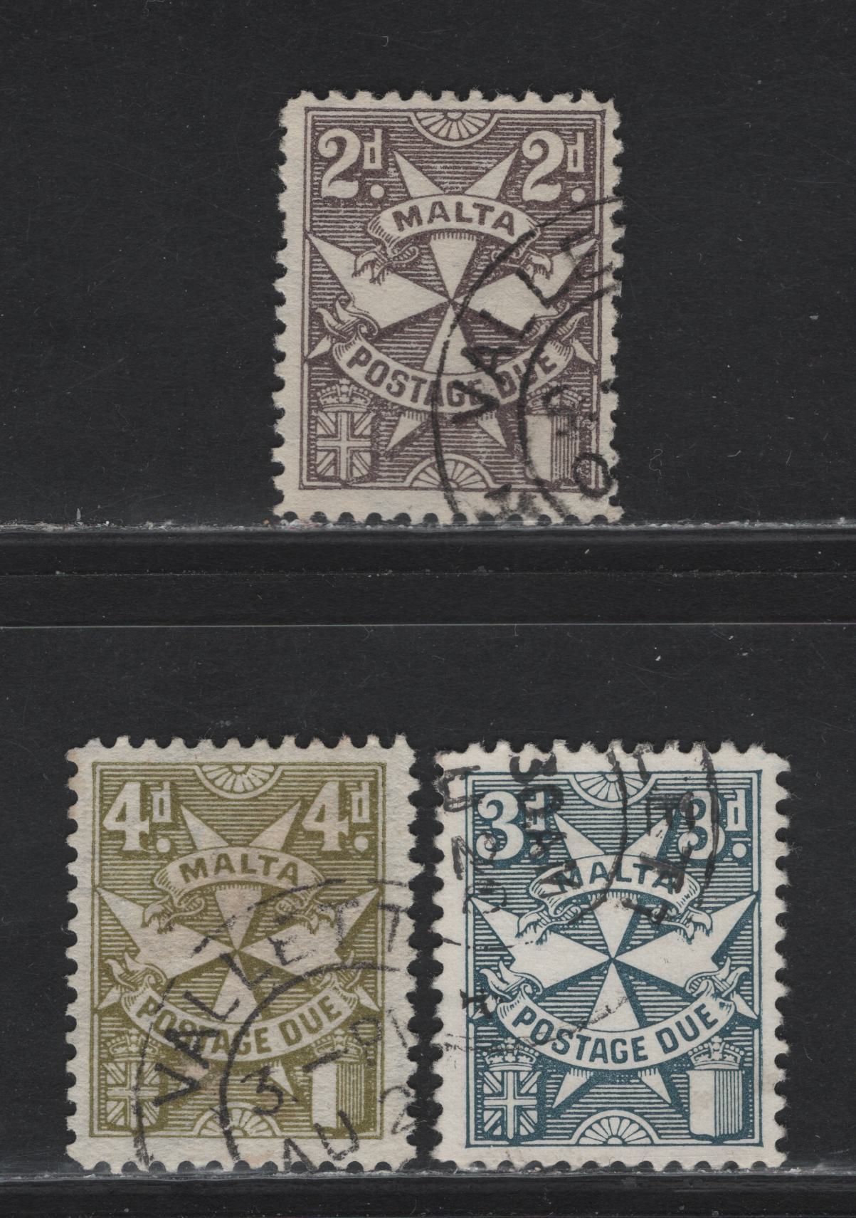 Lot 101 Malta (C) SG#D14, D17, D25 2d - 3d Gray - Slate Blue Arms, 1925-1963 Postage Dues, 3 Fine/Very Fine Used Singles, Sideways Script CA Wmk, 3d Is On Chalk Surfaced Paper, Rest Are On Ordinary Paper.