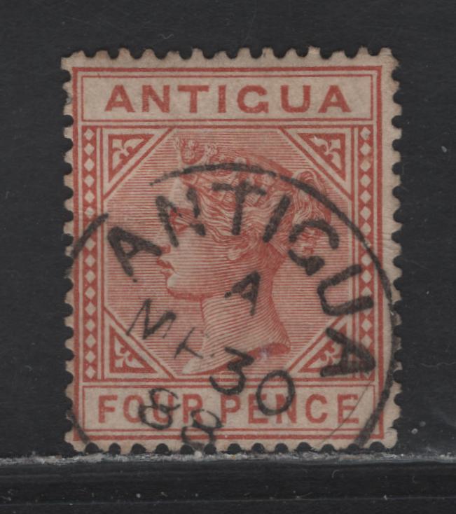 Lot 103 Antigua (C) SG#28 4d Chestnut Queen Victoria, 1884-1887 Queen Victoria Imperium Keyplate Issue, A Fine Used Single, Crown CA Wmk, SON March 30th 1888 Antigua CDS