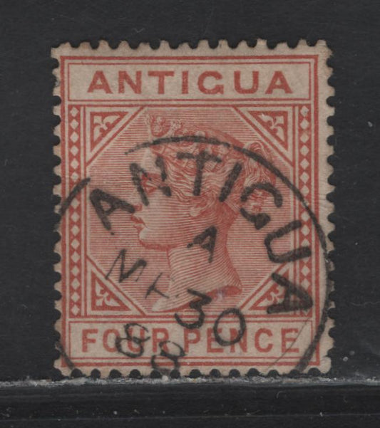 Lot 103 Antigua (C) SG#28 4d Chestnut Queen Victoria, 1884-1887 Queen Victoria Imperium Keyplate Issue, A Fine Used Single, Crown CA Wmk, SON March 30th 1888 Antigua CDS