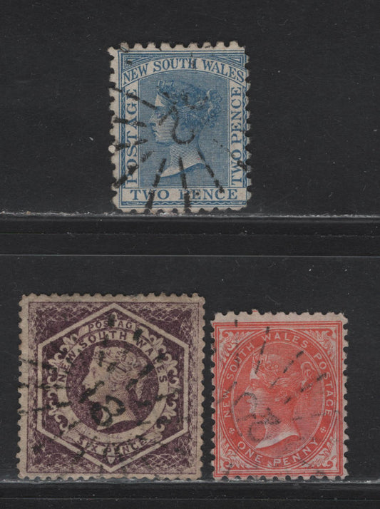 Lot 105 Australia - New South Wales (C) SG#166, 223f, 225 6d - 2d Violet - Deep Blue Diadem, 1860-1897 Diadem - Keyplate Issues, 3 Very Good/Fine/Very Fine Used Singles, Crown Over NSW Wmk, Numbers Include 18 (Mudgee), 20i (Burwood) & 52 (Bourke)