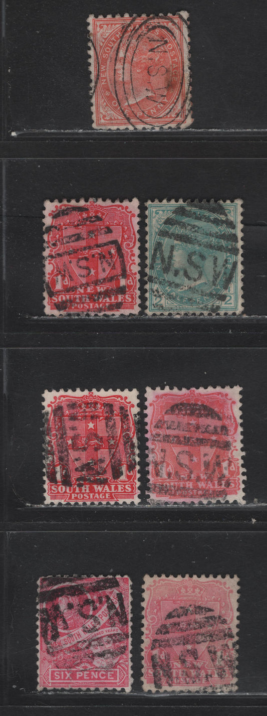 Lot 106 Australia - New South Wales (C) SG#223f, 273b, 288, 290,b, 256 1d - 6d Orange - Red Arms - Queen Victoria, 1882-1899 Keyplates, Centenary & Arm Issues, 7 Fine/Very Fine Used Singles, Selection of CDS Duplex Cancels